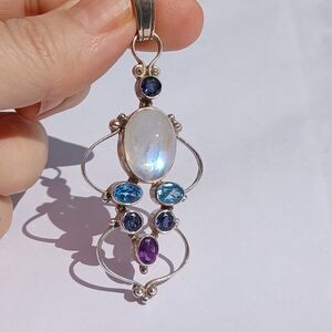 🌙 Rainbow Moonstone Iolite Blue Topaz Amethyst Sterling Silver Pendant Large 3”